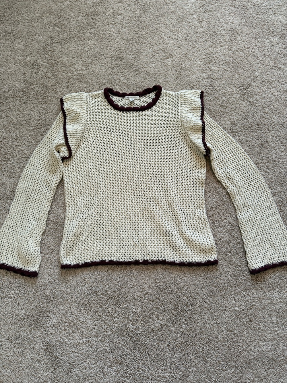 Cato Cream Crochet Long-Sleeve Sweater with Burgundy Trim